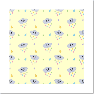 Kawaii Cute Raining Rainbow Clouds Pattern in Yellow Posters and Art